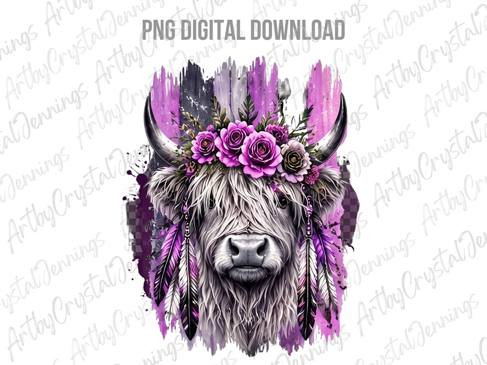 Rustic Purple Flower Highland Cow PNG