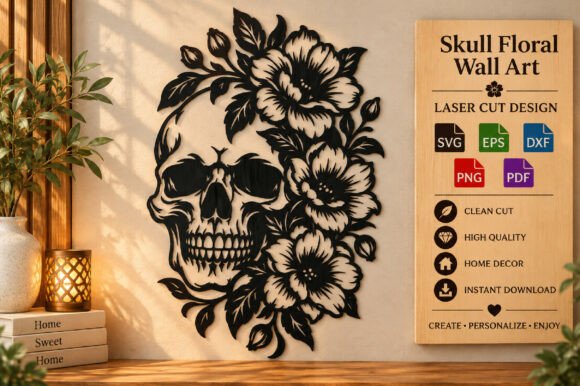Skull Floral Wall Art SVG