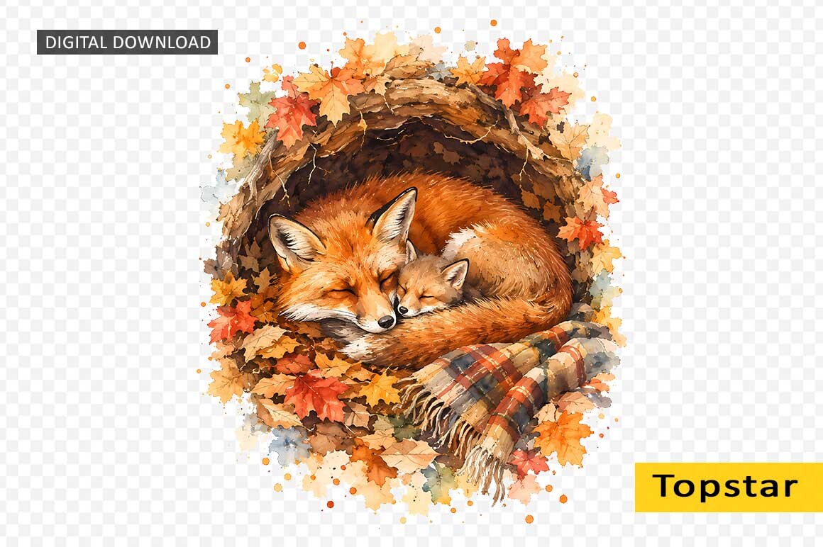 Sleeping Baby Fox Autumn Animal Fall Art