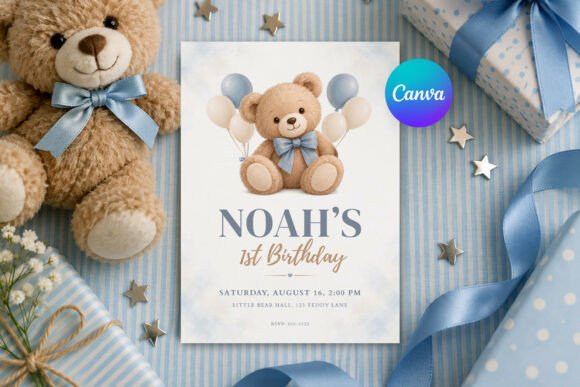 Teddy Bear Birthday Invitation Canva