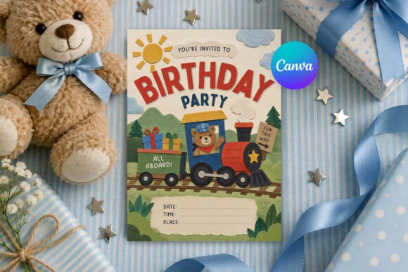 Train Birthday Invitation, Editable