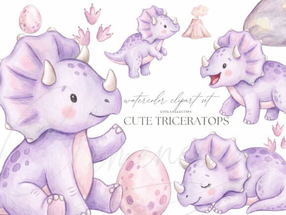 Triceratops Dinosaur Watercolor Clipart