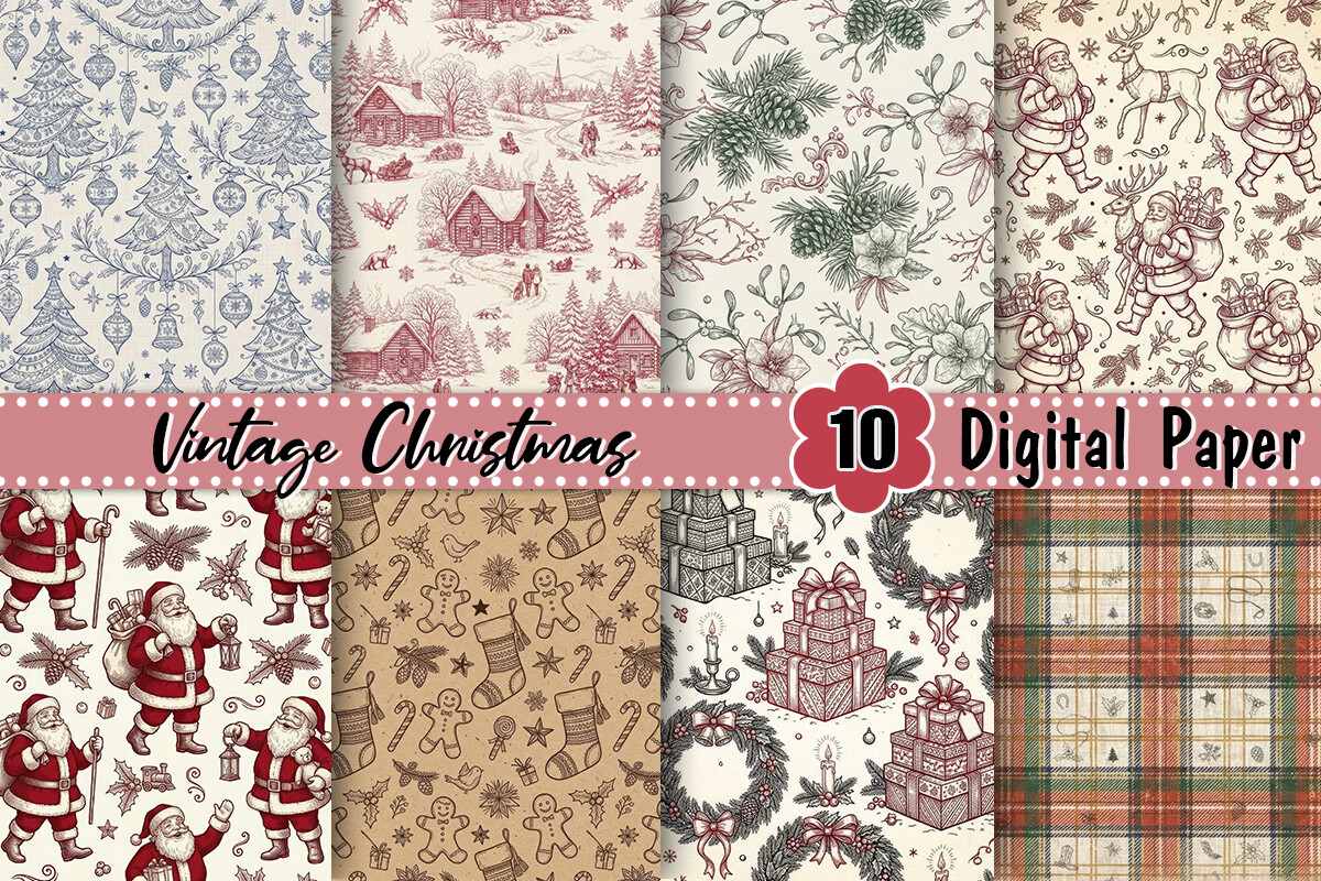 Vintage Christmas Toile Digital Paper