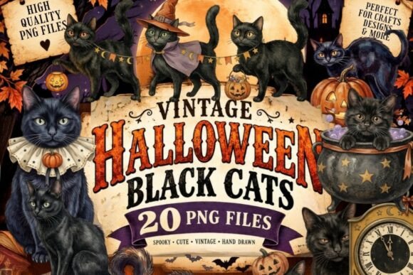 Vintage Halloween Black Cats Clipart