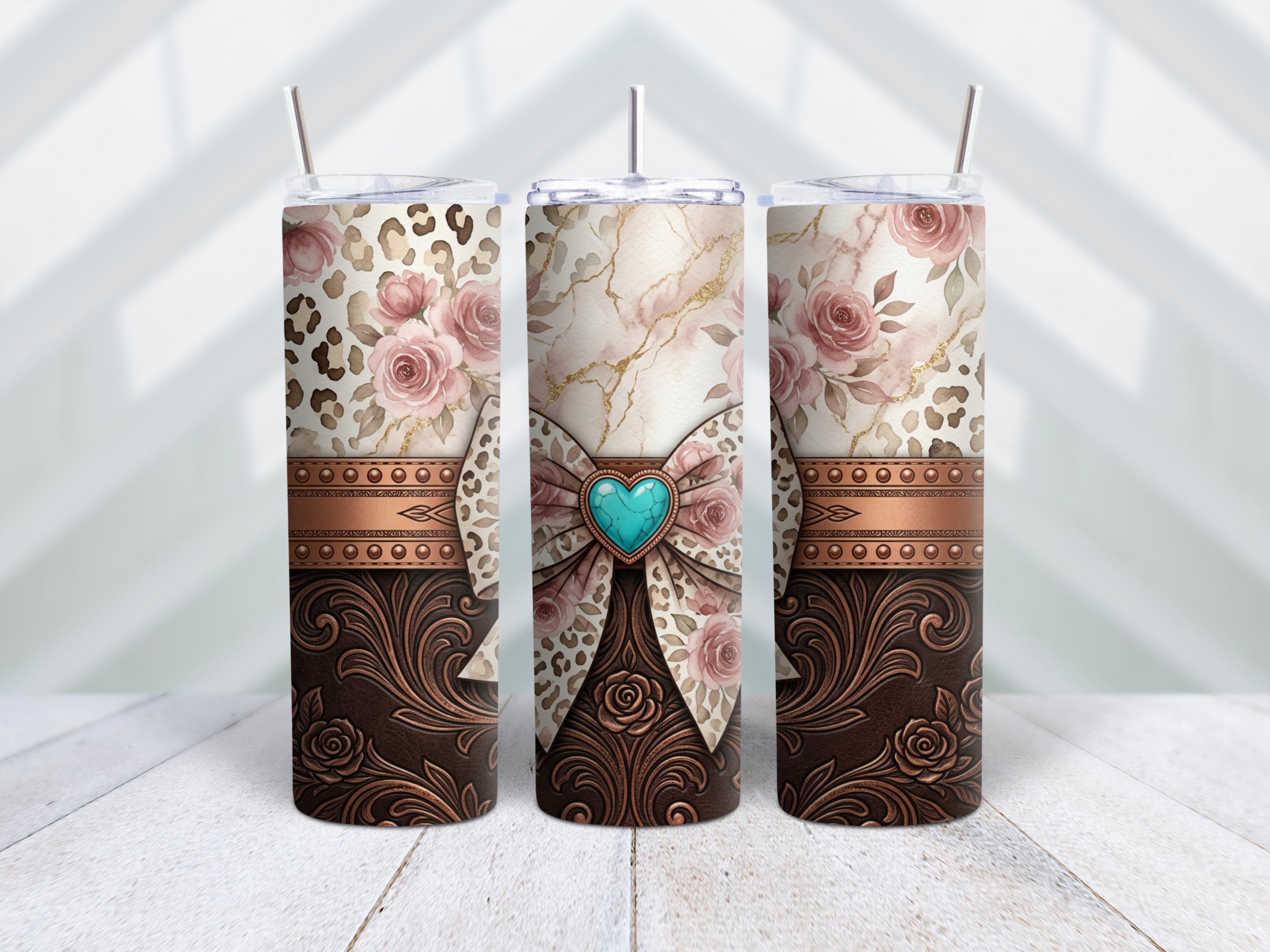 Vintage Rose Leopard Leather Tumbler