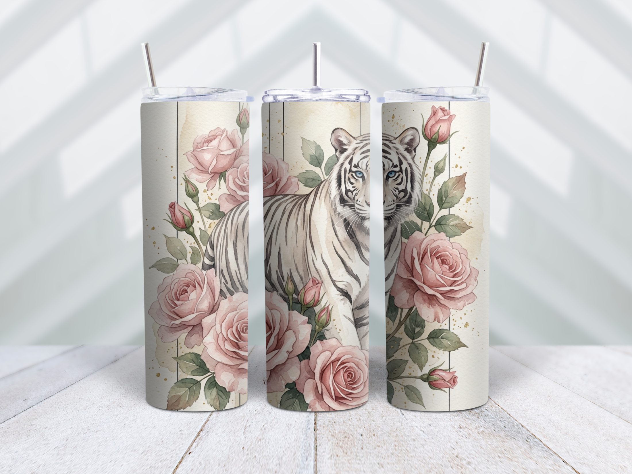 Vintage White Tiger Rose Tumbler Wrap