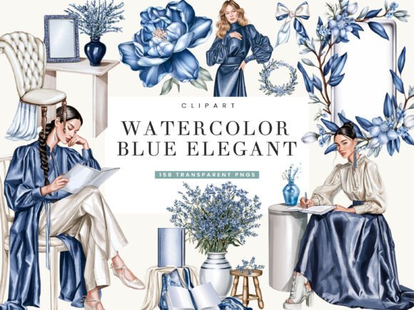 Watercolor Blue Elegant Clipart Bundle