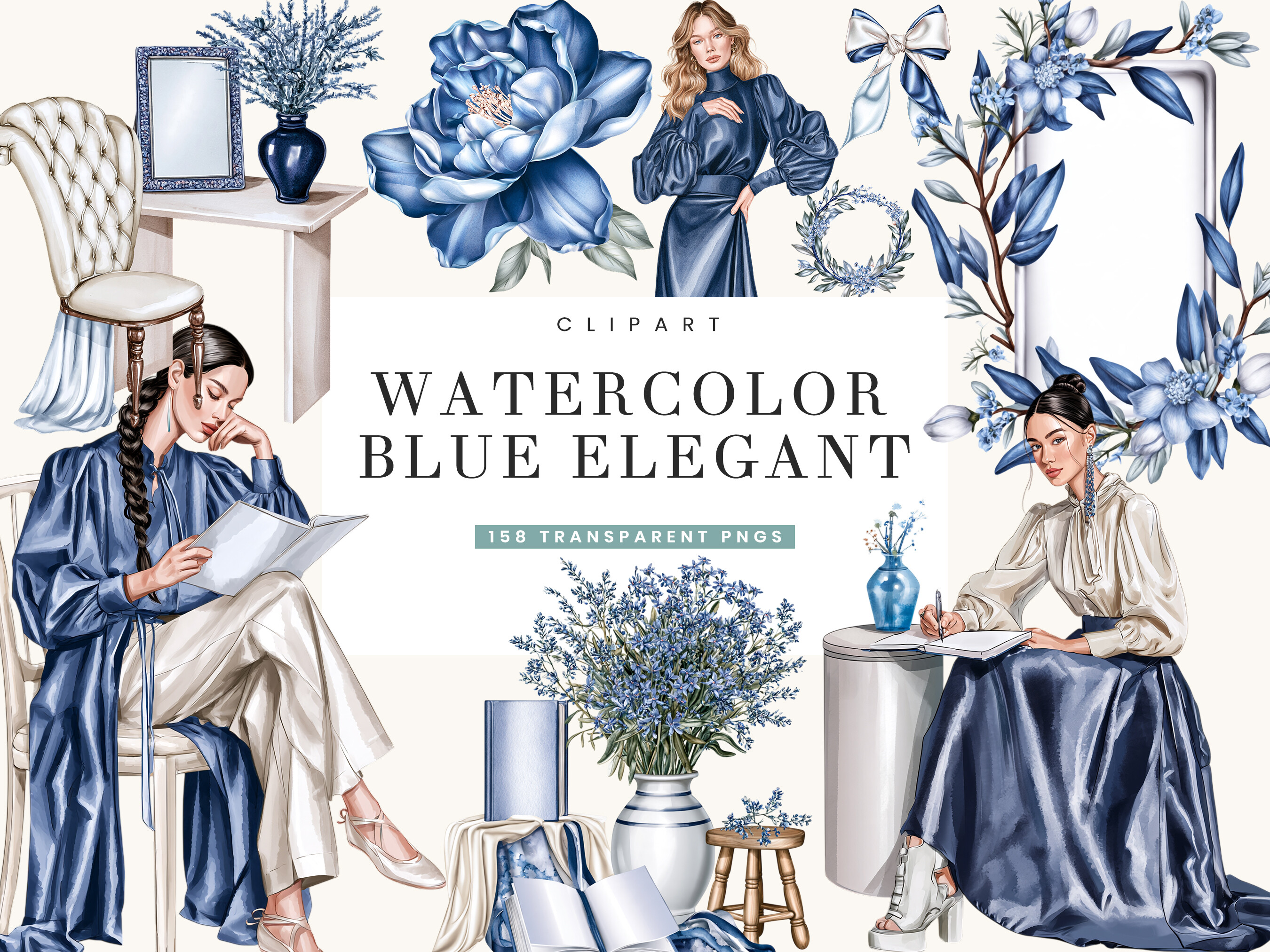 Watercolor Blue Elegant Clipart Bundle
