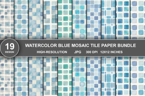 Watercolor Blue Mosaic Tile Digital Pape