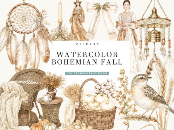 Watercolor Bohemian Fall Clipart Bundle