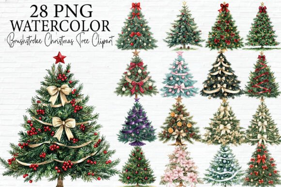 Watercolor Christmas Tree Clipart Bundle