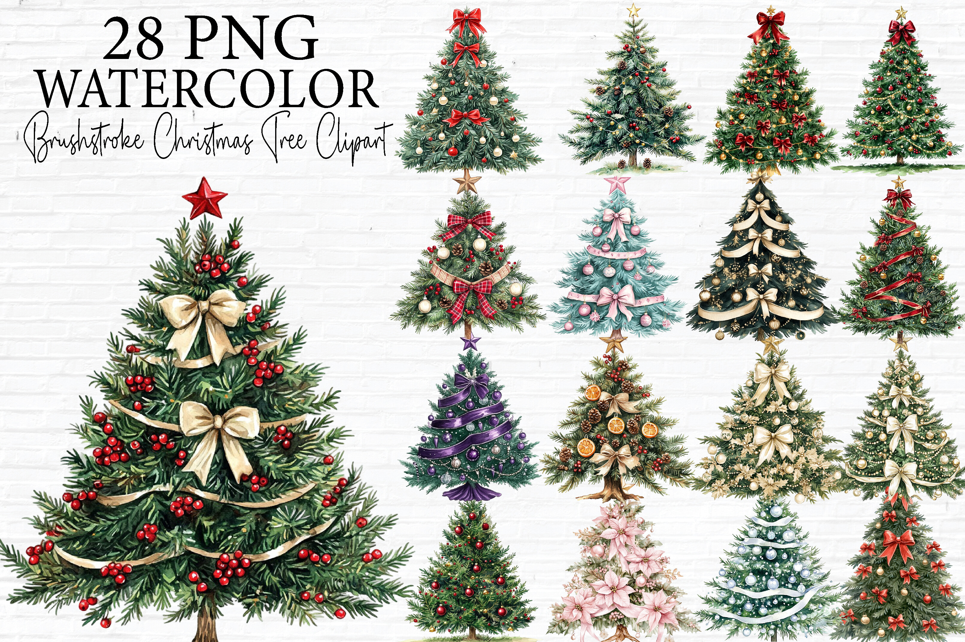 Watercolor Christmas Tree Clipart Bundle