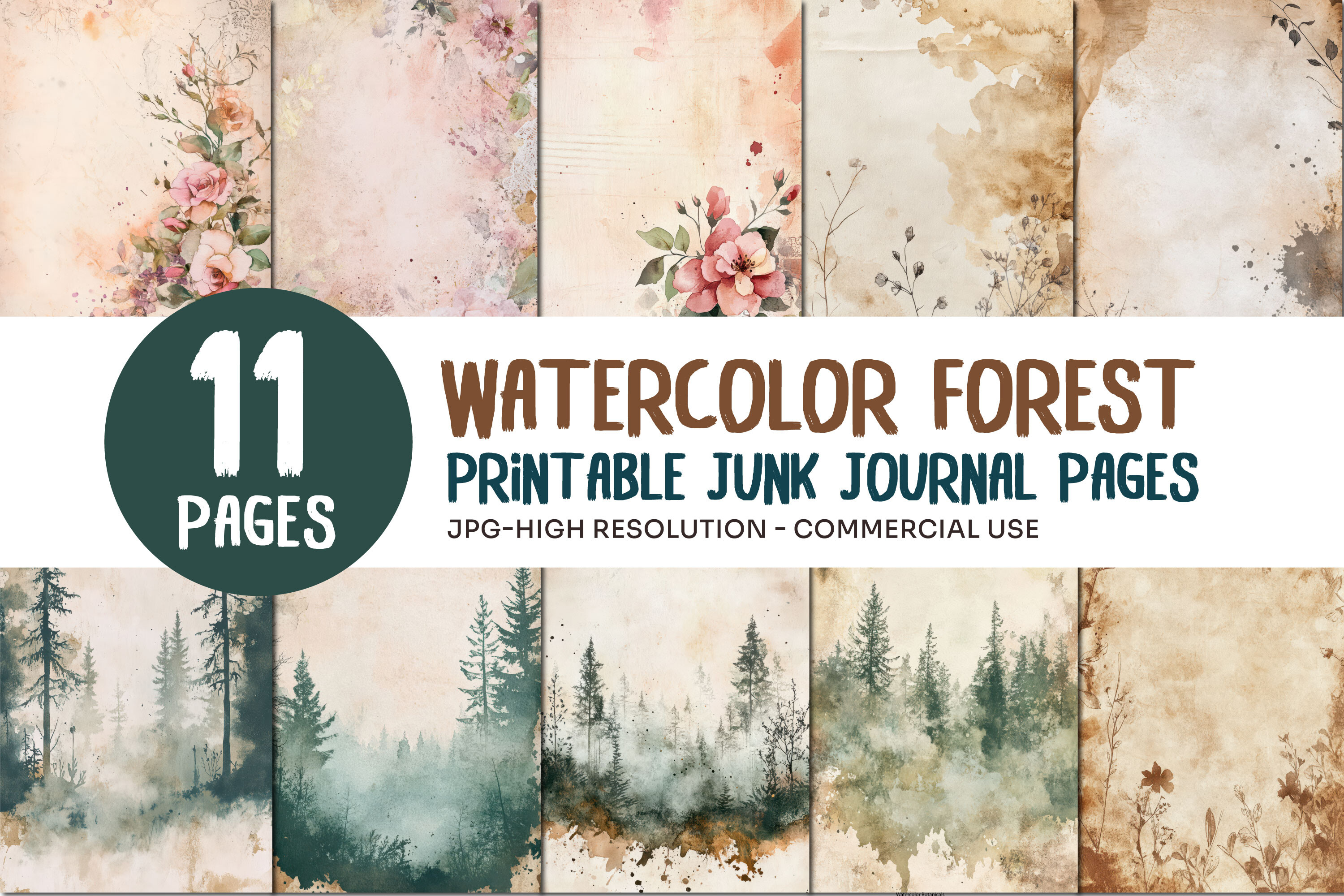 Watercolor Forest Junk Journal Pages