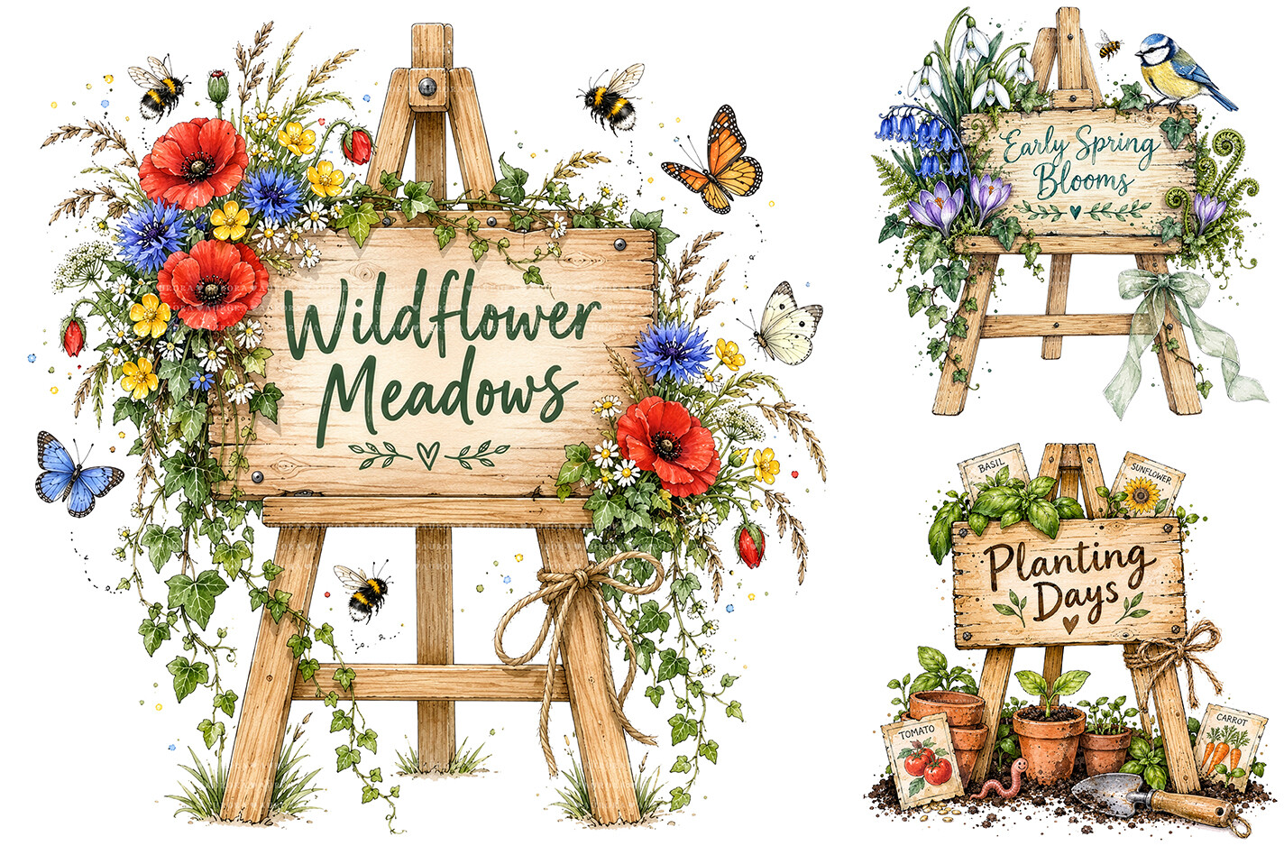 Watercolor Garden Sign PNG Bundle