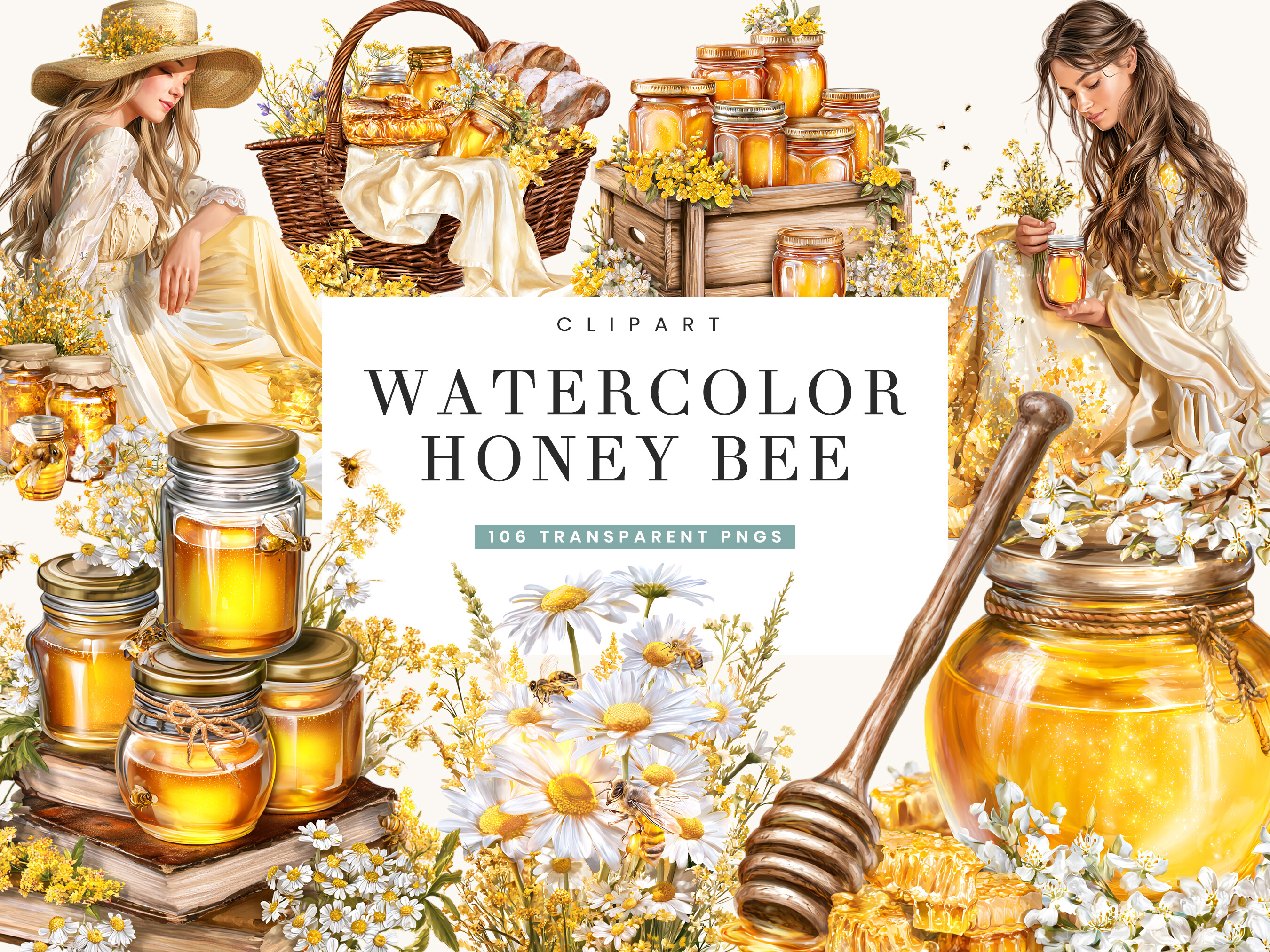 Watercolor Honey Bee Clipart Bundle