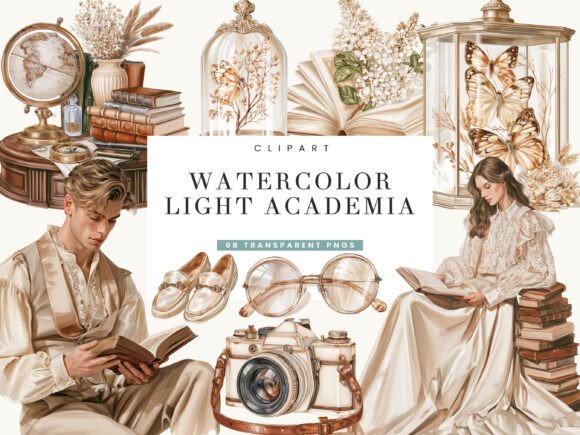 Watercolor Light Academia Clipart Bundle