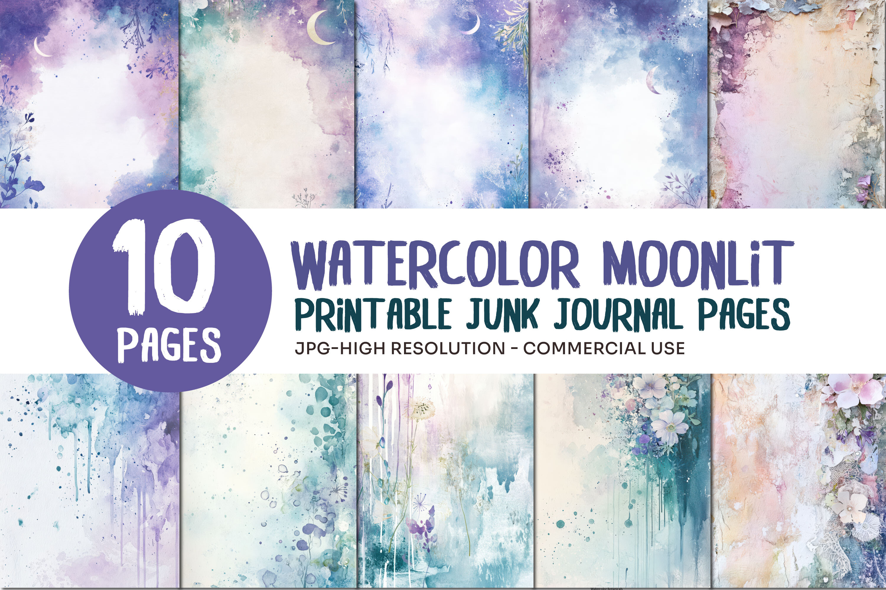 Watercolor Moonlit Junk Journal Pages