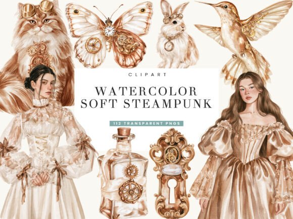 Watercolor Soft Steampunk Clipart Bundle