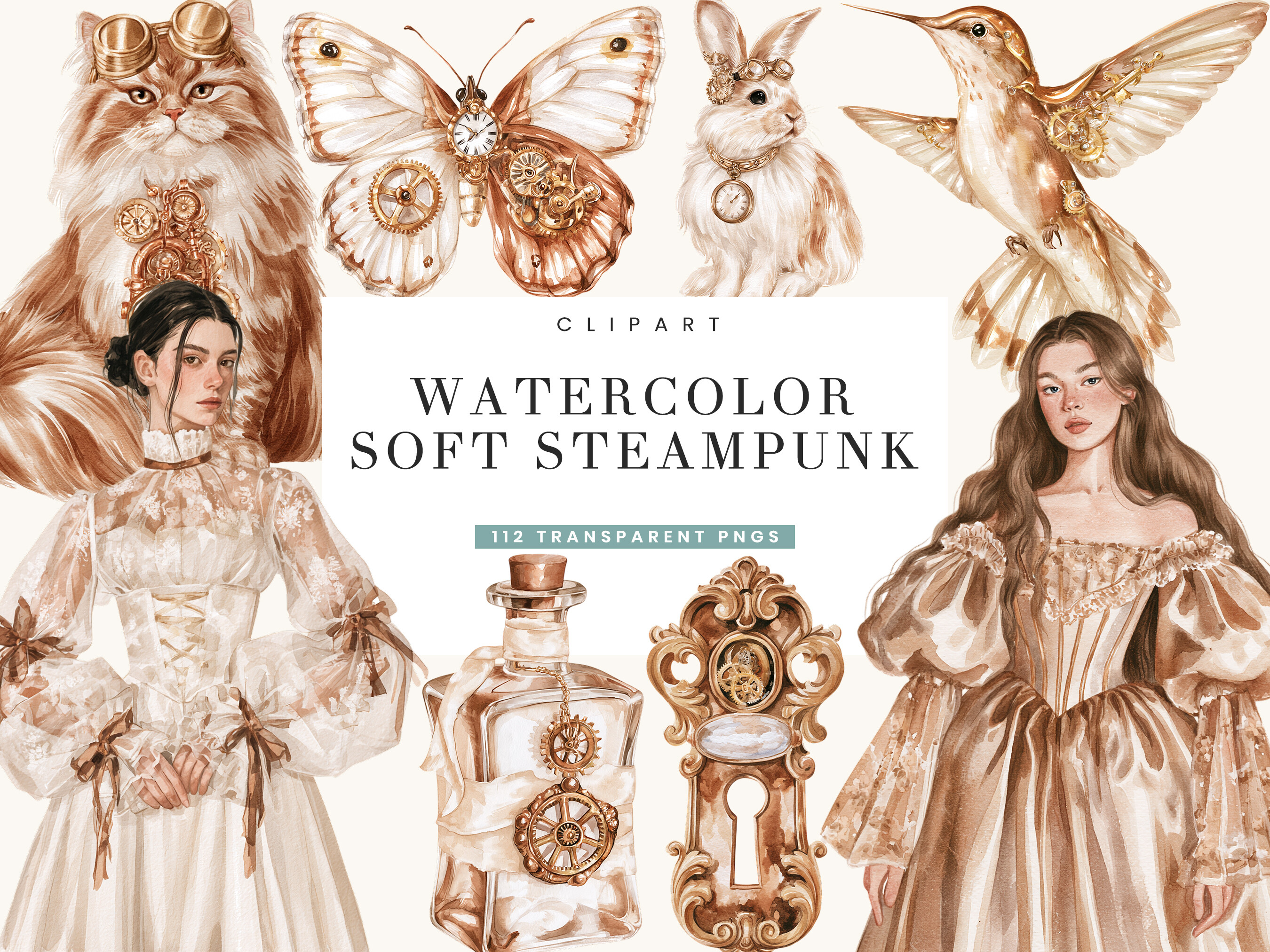Watercolor Soft Steampunk Clipart Bundle