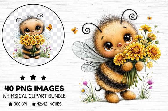Whimsical Bee Flower Clipart Bundle