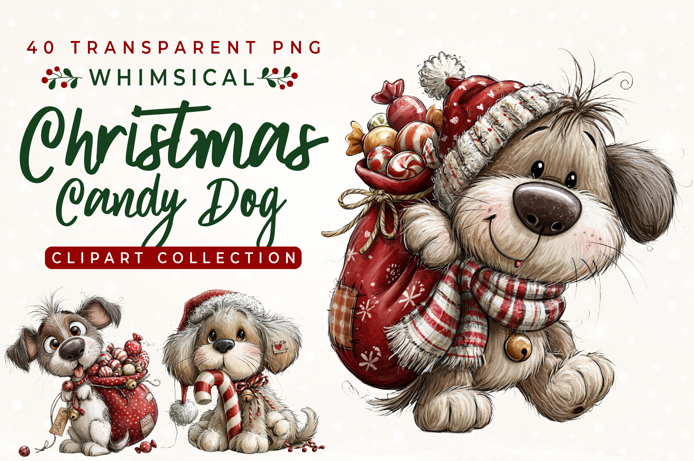 Whimsical Christmas Candy Dog Clipart