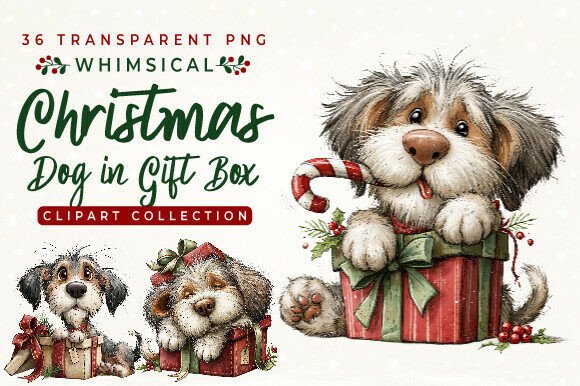 Whimsical Christmas Dog Gift Box Clipart