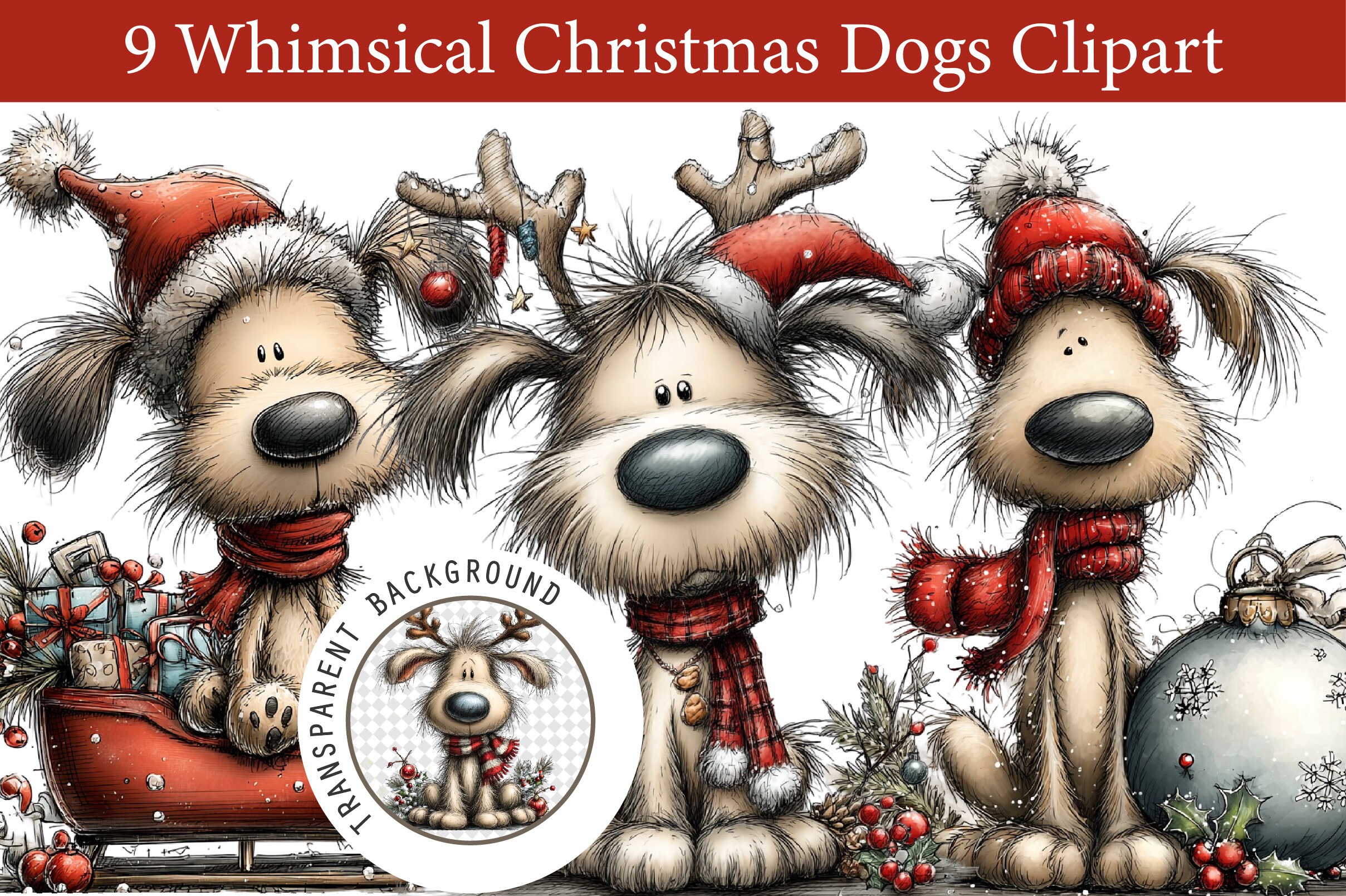 Whimsical Christmas Dogs Clipart