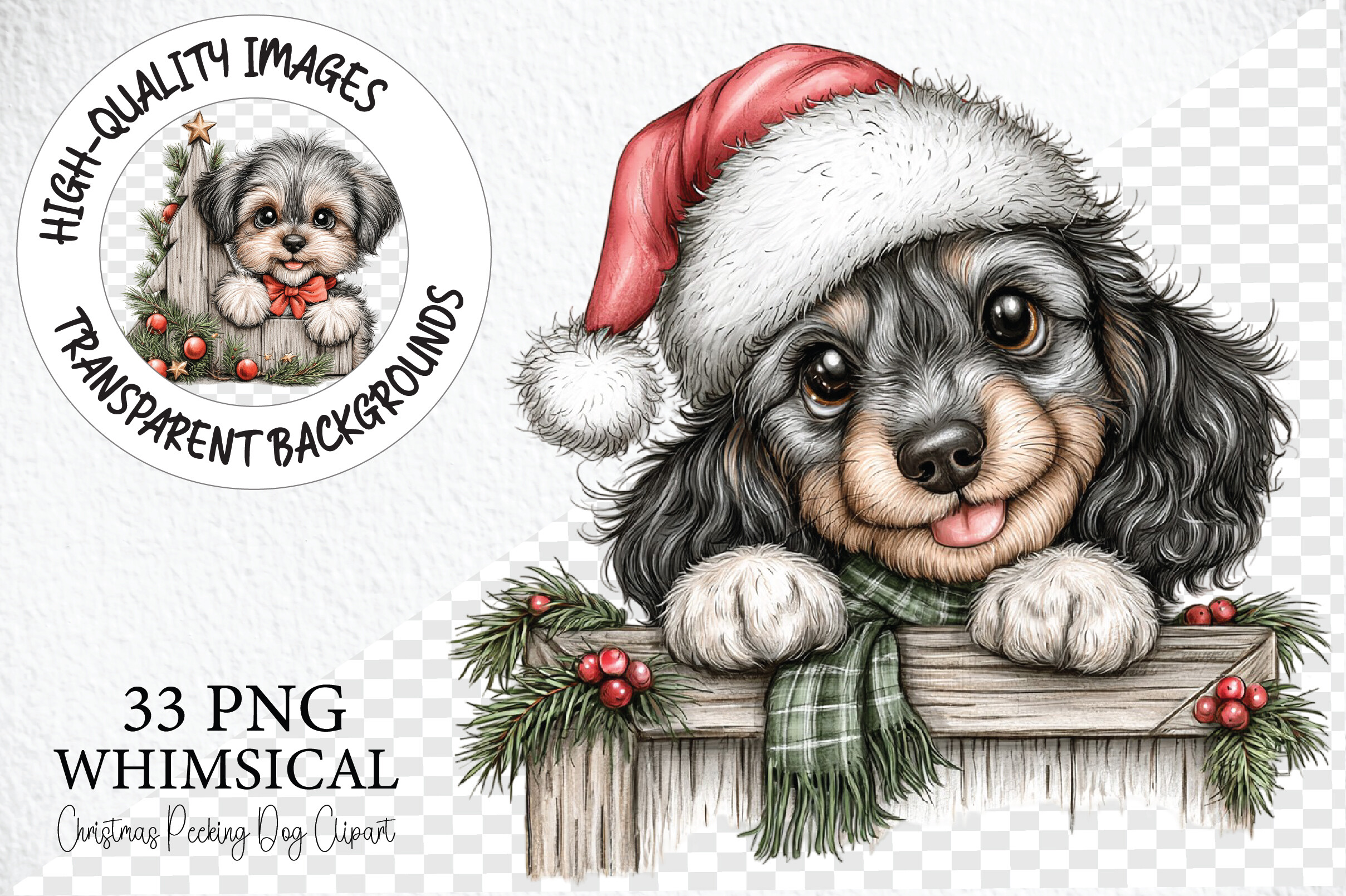 Whimsical Christmas Peeking Dog Clipart