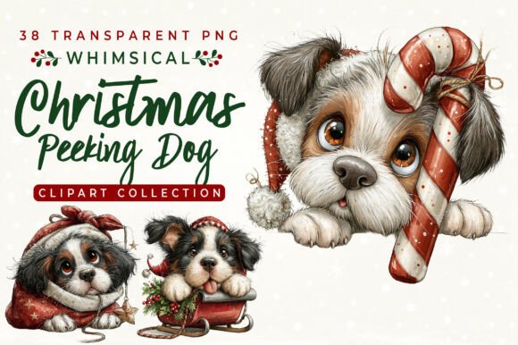 Whimsical Christmas Peeking Dog Clipart