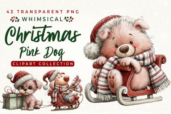 Whimsical Christmas Pink Dog Clipart
