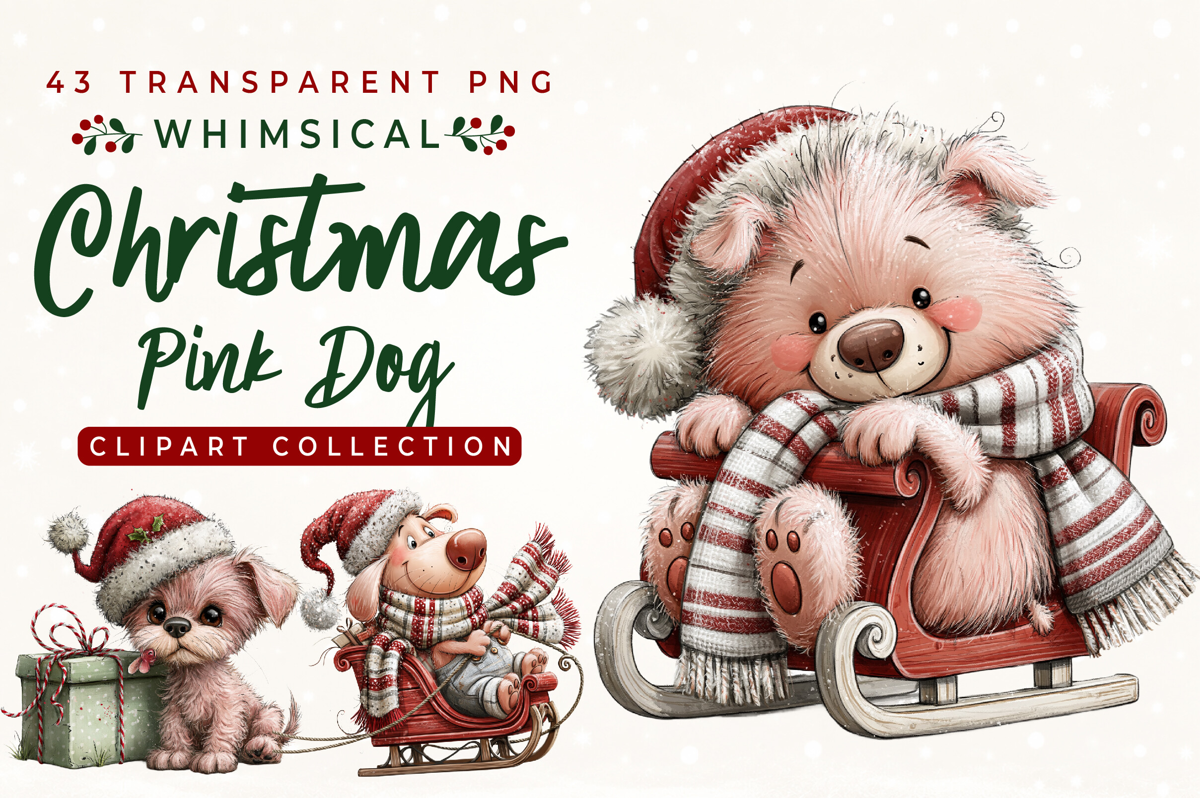 Whimsical Christmas Pink Dog Clipart