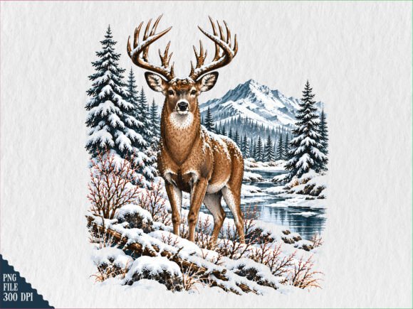 Winter Deer Mountain Wildlife Scene PNG