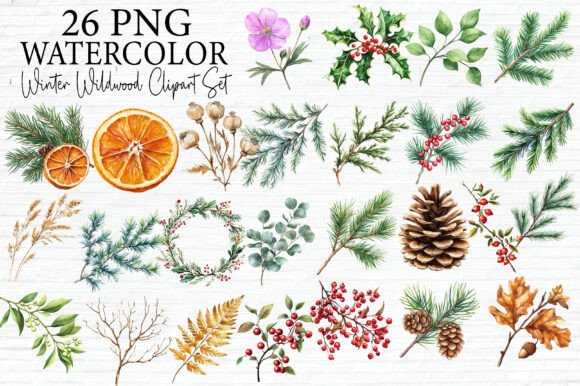 Winter Wildwood Watercolor Clipart