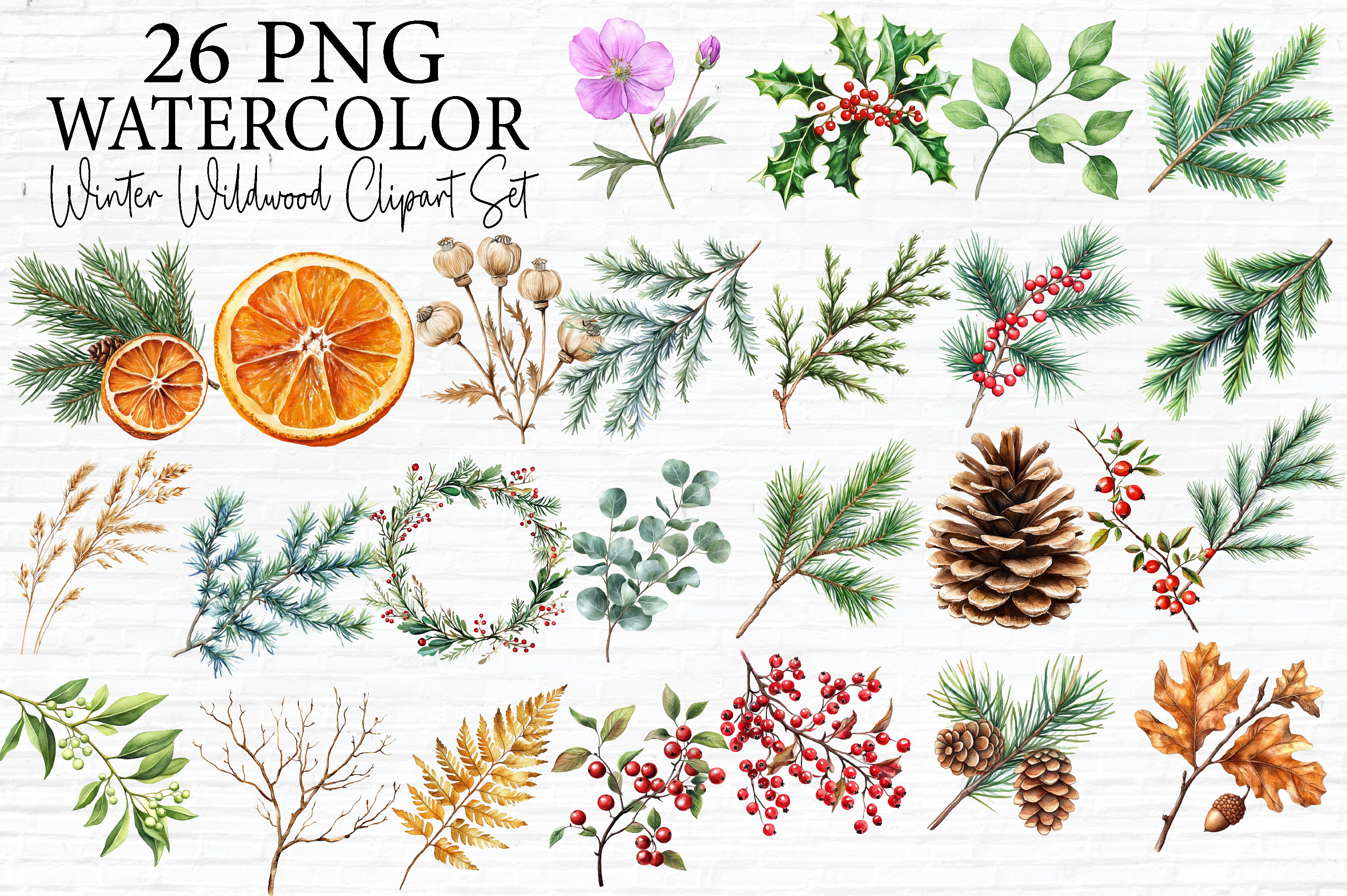 Winter Wildwood Watercolor Clipart