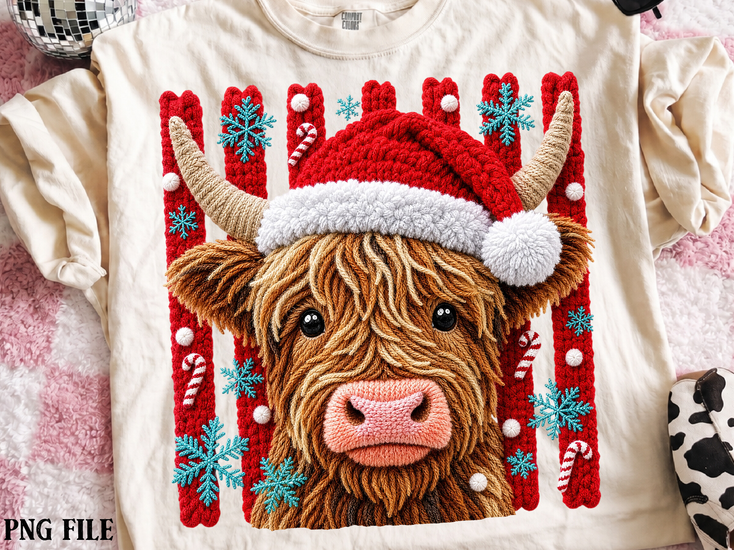Yarn Crochet Christmas Highland Cow PNG
