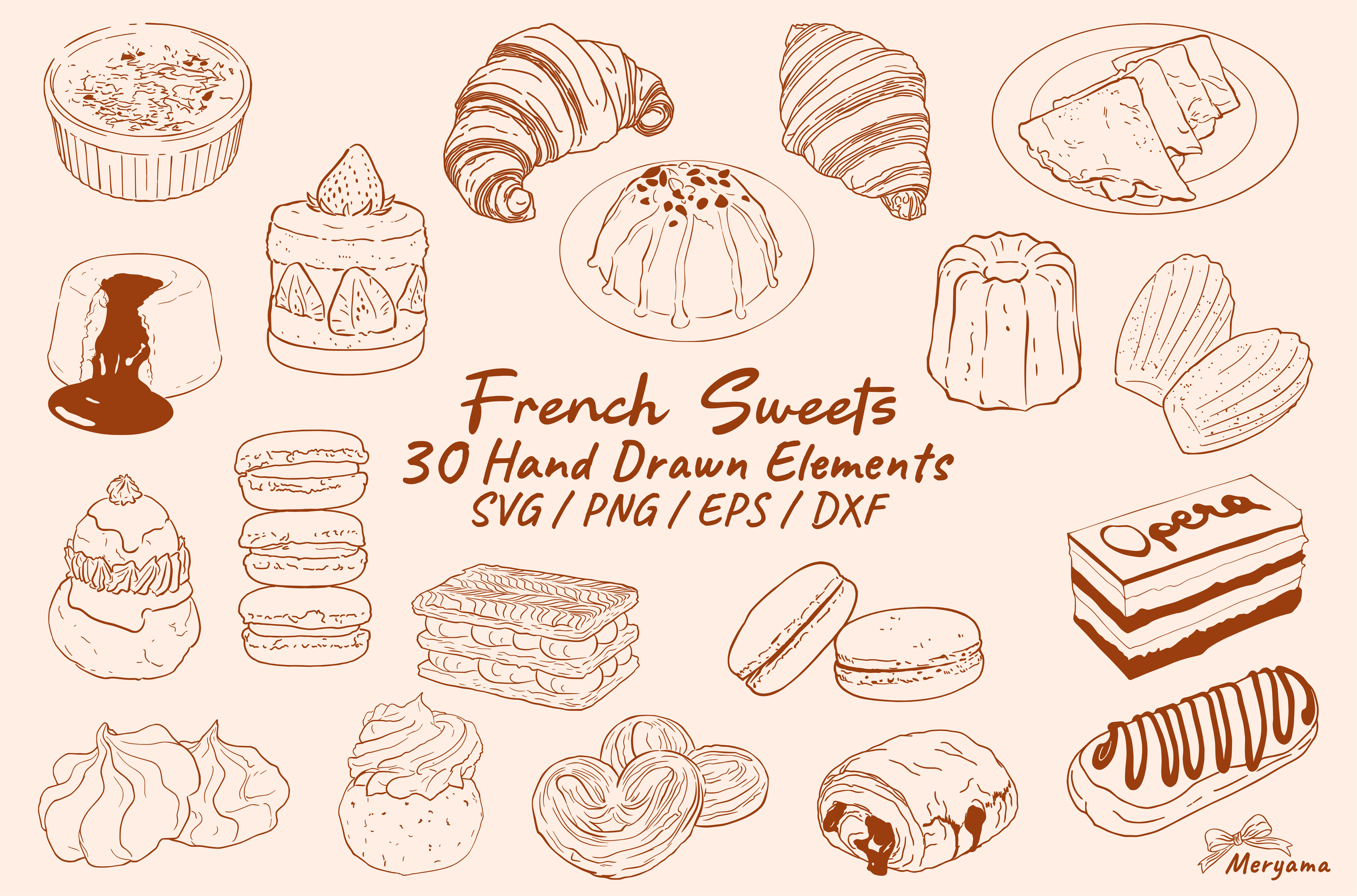 30 Hand Drawn French Sweets and Desserts SVG file