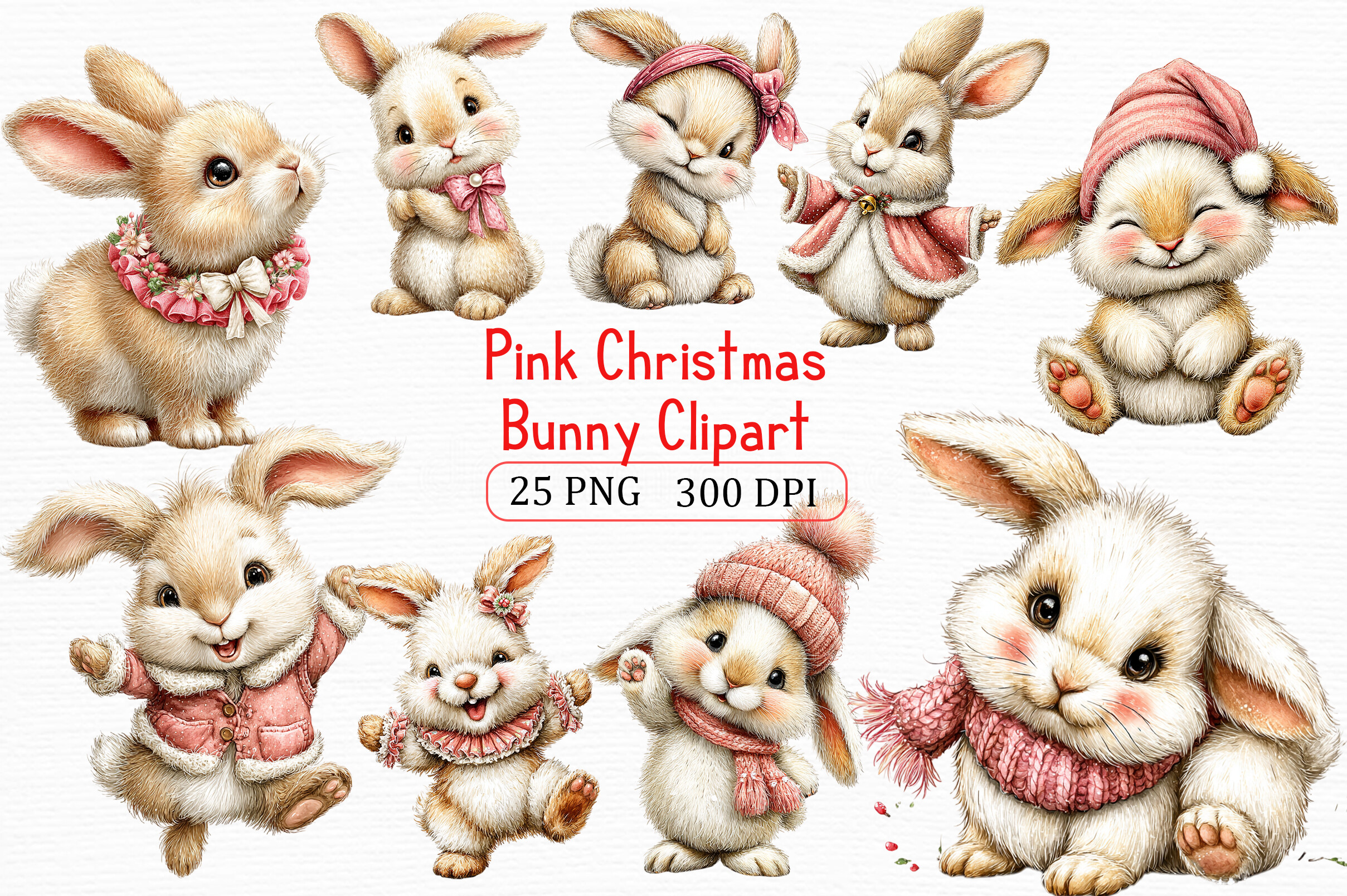 Artistic Pink Christmas Bunny Clipart