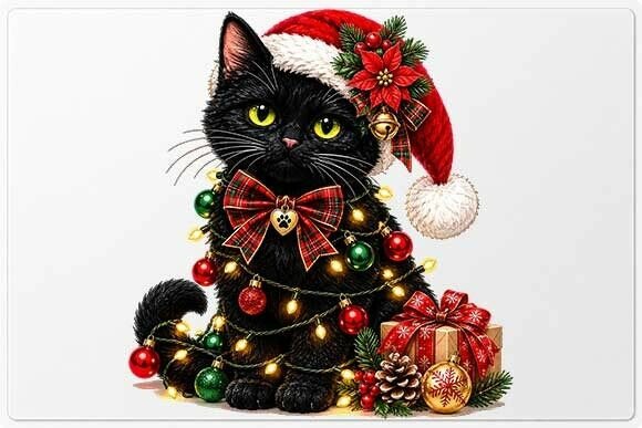 Black Cat Santa Hat Christmas Lights PNG