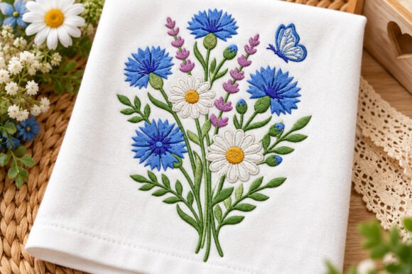Blue Cornflower Floral Embroidery Design