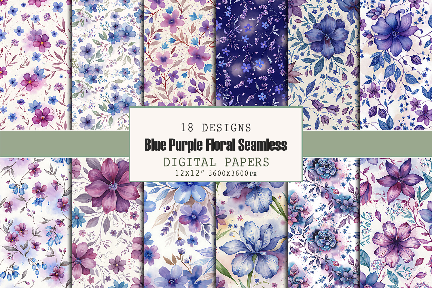 Blue Purple Floral Seamless Pattern