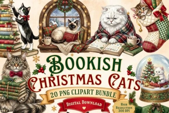 Bookish Christmas Cats Clipart | 20 Cozy