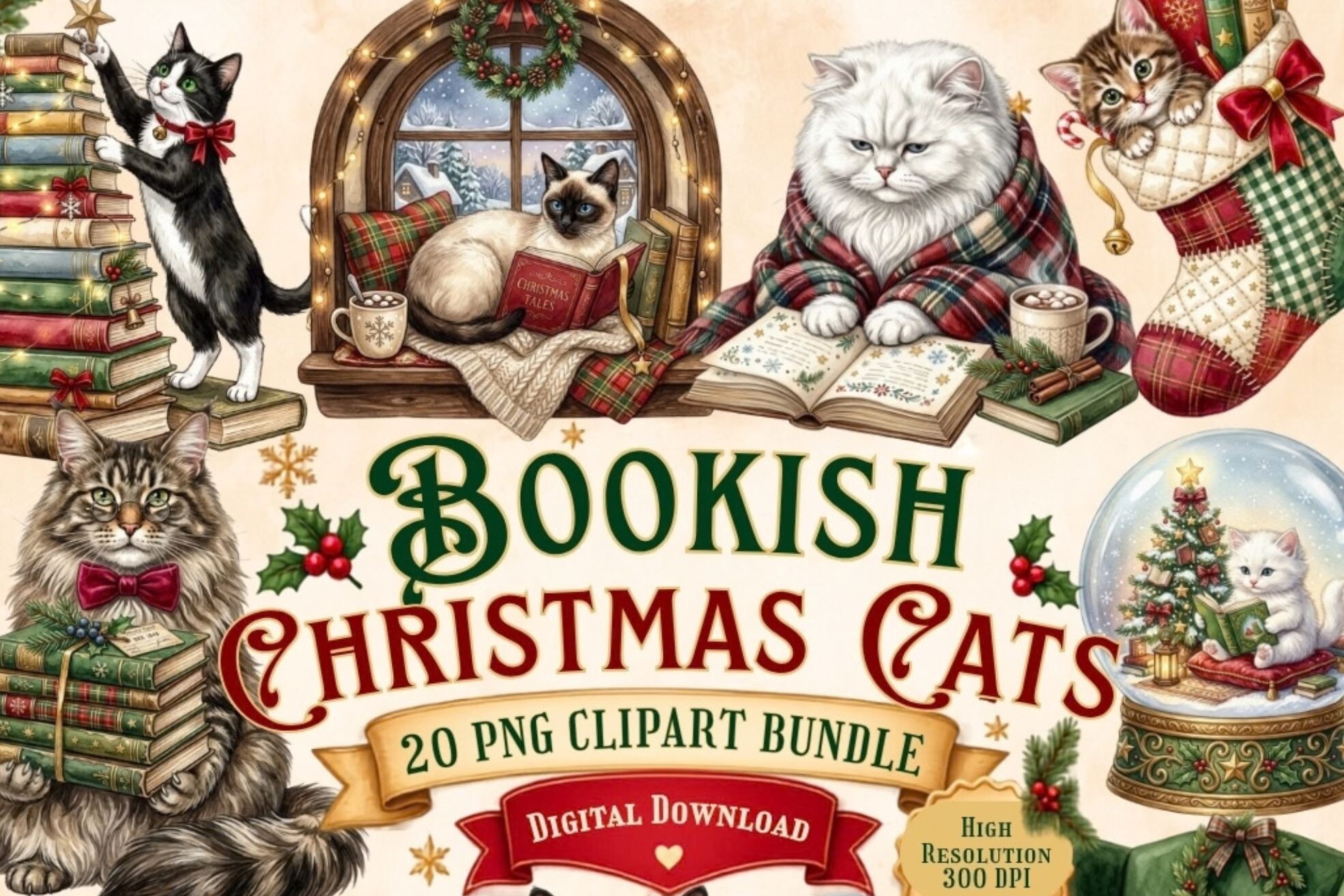 Bookish Christmas Cats Clipart | 20 Cozy
