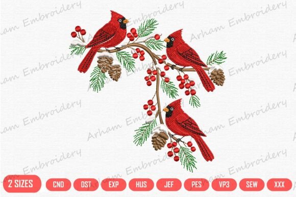 Cardinal Family on Pine Branch
