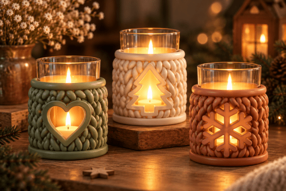 Christmas Candle Holder 3D Print STL – Knitted Texture Holiday Tealight - Image 3