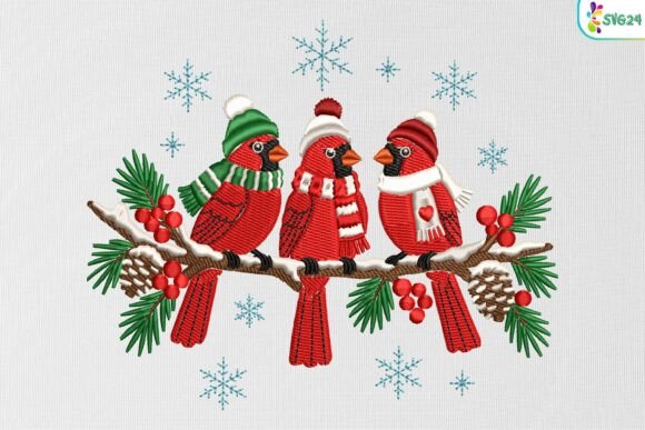 Christmas Cardinal Birds with Snowflakes