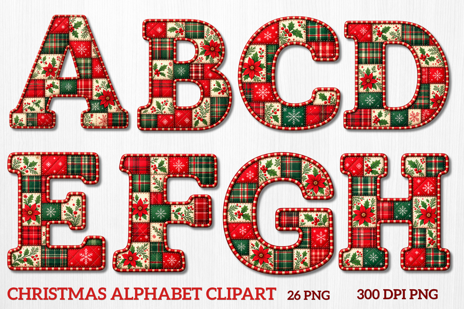 Christmas Patchwork Alphabet PNG Bundle