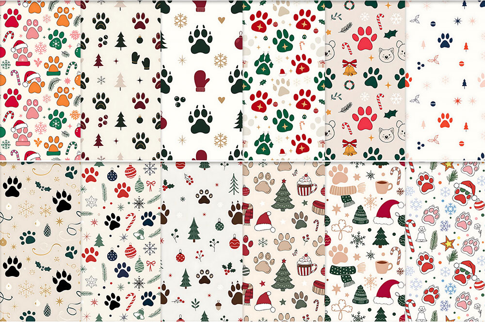 Christmas Paw Print Seamless Pattern Bun