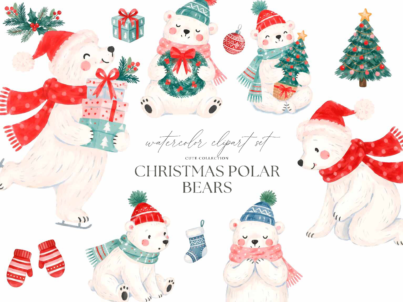 Christmas Polar Bear Watercolor Clipart