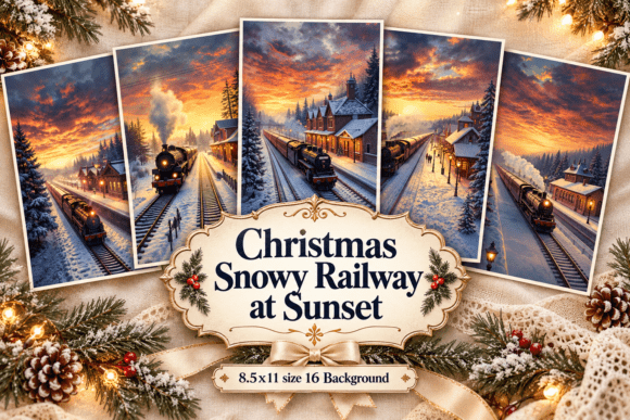 Christmas Snowy Railway at Sunset
