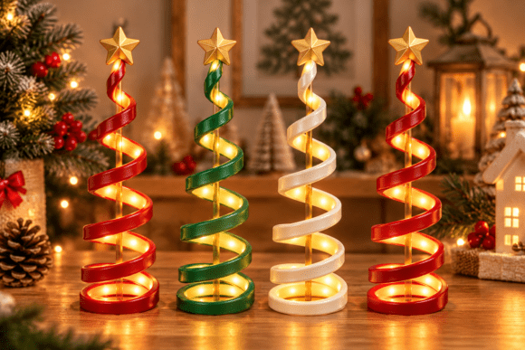 Christmas Spiral Tree Set 3D Print - 4 Modern Spiral Trees with Star Toppers - Image 1